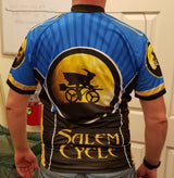 Salem Cycle Witch on Bike Blue Jersey